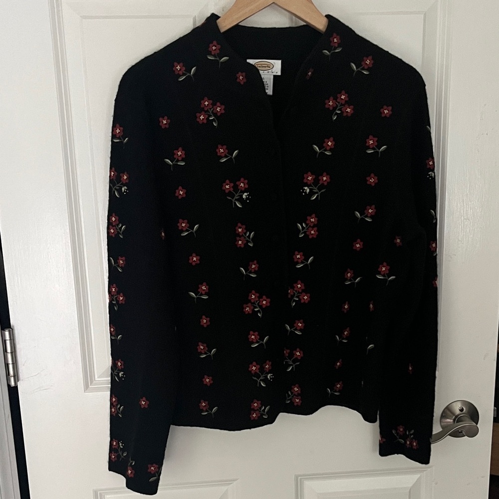 Talbots Black Wool Floral Jacket Sz Petite Large